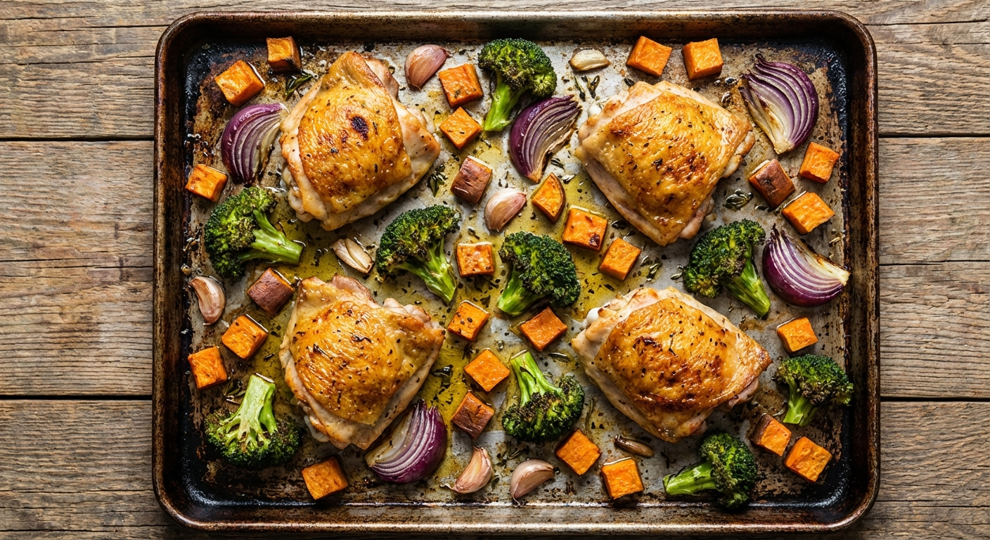 Golden-brown chicken thighs on a sheet pan surrounded by roasted broccoli, sweet potato cubes, and red onion wedges