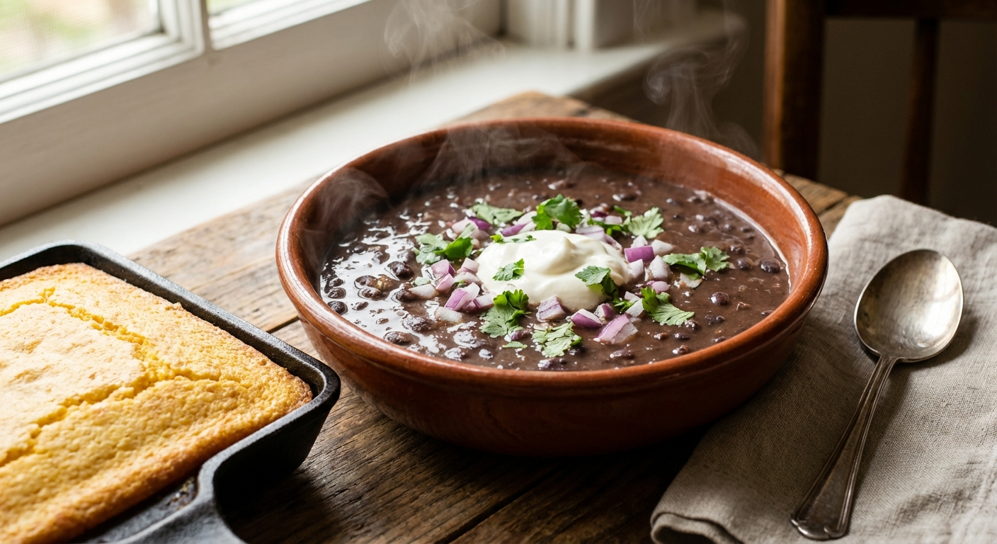 A steaming bowl of thick black bean soup topped with sour cream, diced red onion, and fresh cilantro, served alongside cornbread