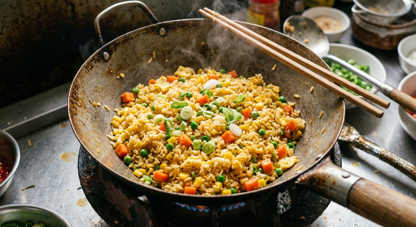 Wok filled with golden egg fried rice studded with diced carrots, peas, corn, and green onions, with a pair of chopsticks resting on the edge