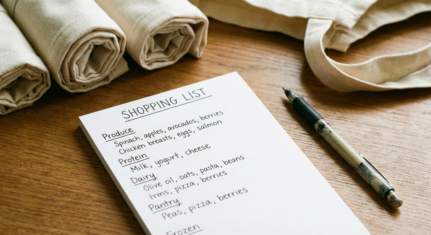 A neatly organised shopping list on a notepad divided into sections for Produce, Protein, Dairy, Pantry, and Frozen, with a pen and grocery bags in the background