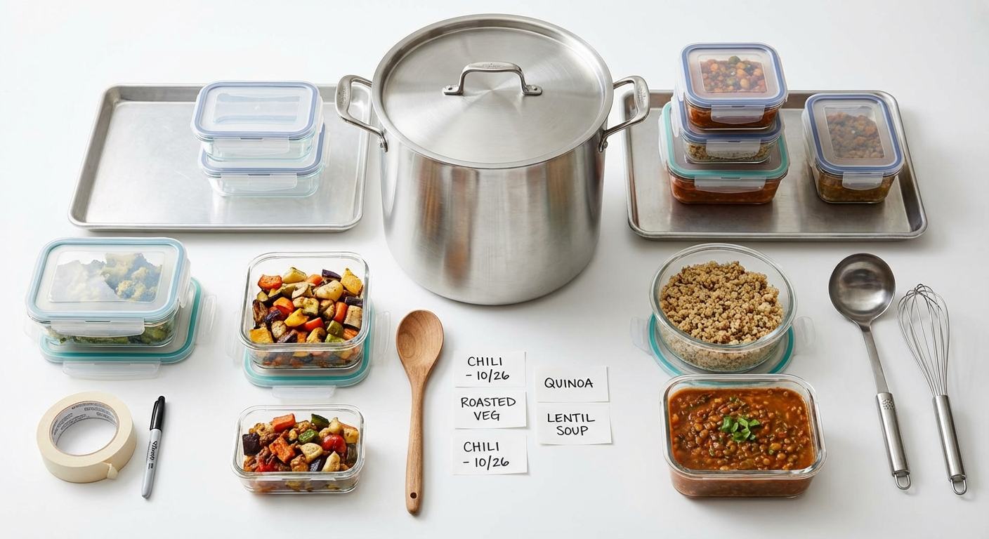 A flat lay of essential batch cooking tools including sheet pans, a Dutch oven, glass containers, a chef knife, and a cutting board on a wooden kitchen table