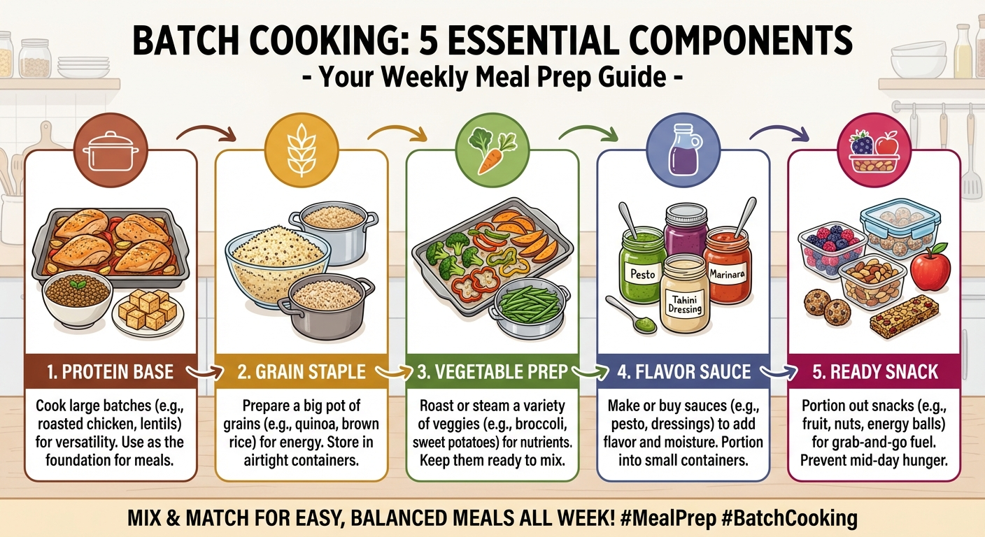 An infographic-style photo showing five labelled sections of batch cooked food: shredded chicken, brown rice, roasted vegetables, marinara sauce, and frozen soup portions