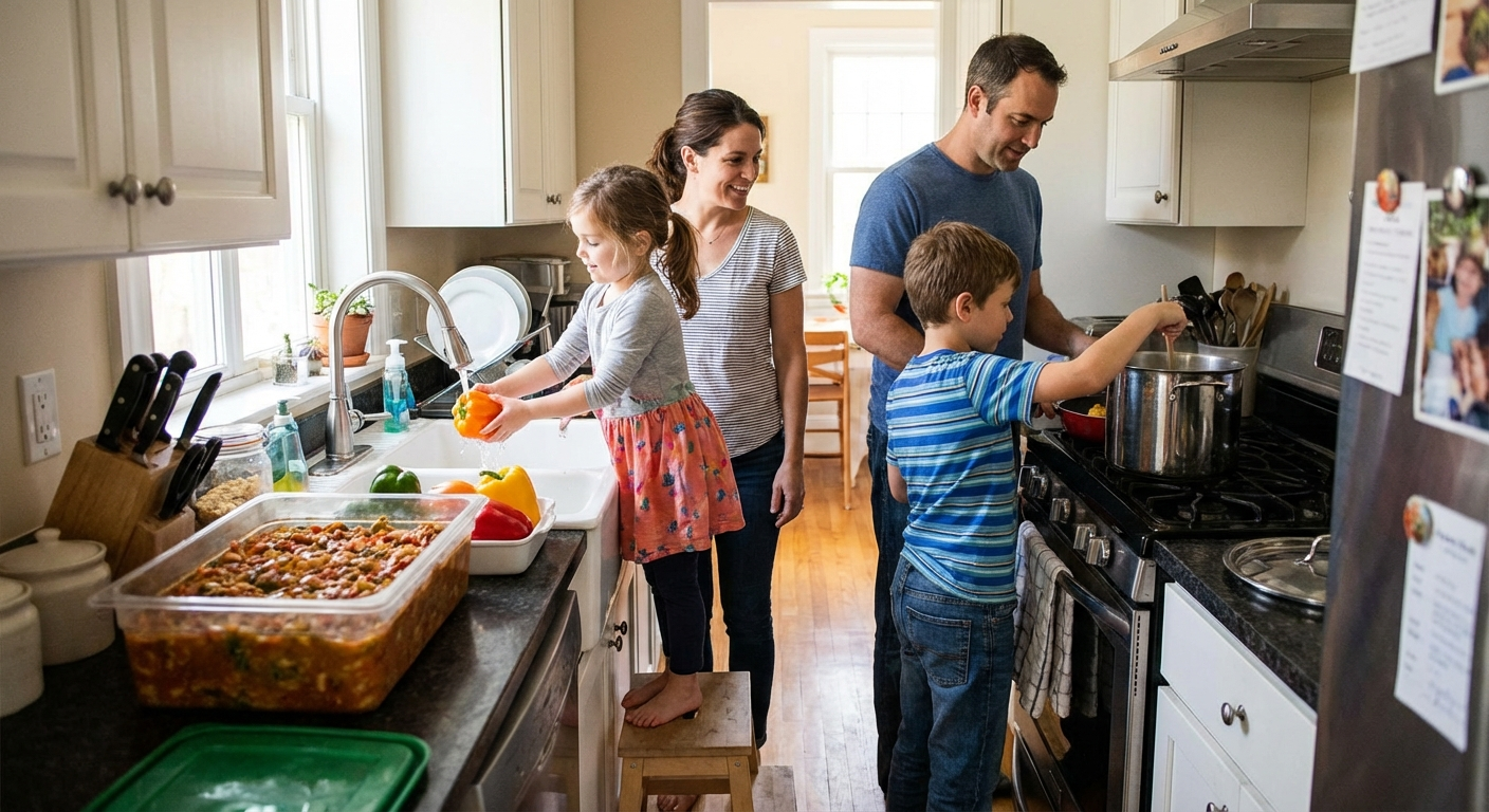Two children at a kitchen counter, one tearing lettuce into a bowl and the other using a kid-safe knife to cut soft vegetables