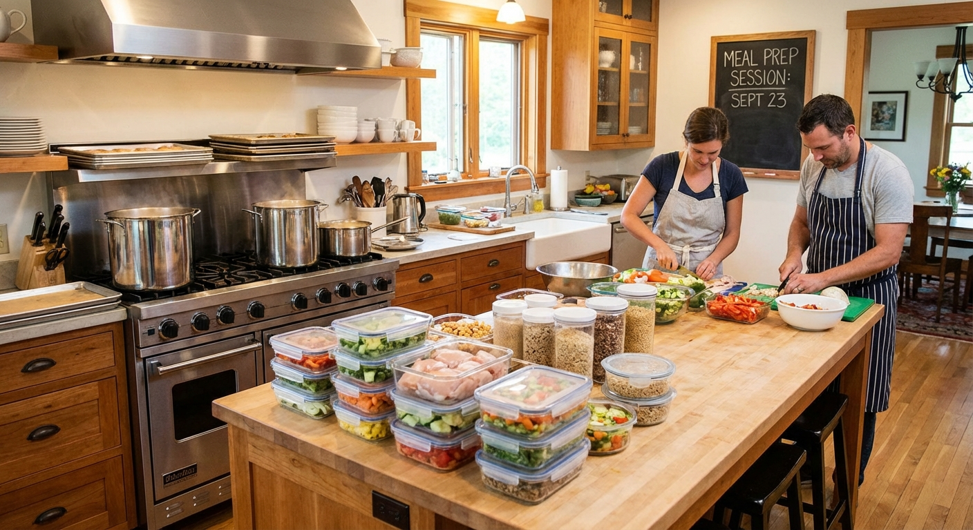 Overhead view of a family kitchen counter covered with labelled meal prep containers, fresh vegetables, a cutting board, and a slow cooker during a Sunday batch cooking session