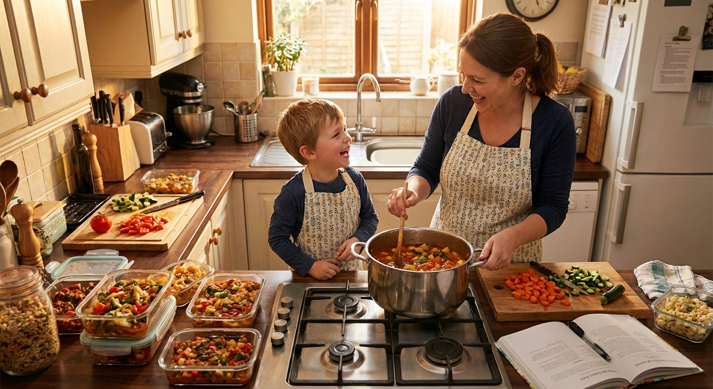 A parent and child standing at a kitchen island chopping vegetables together with multiple pots simmering on the stove behind them
