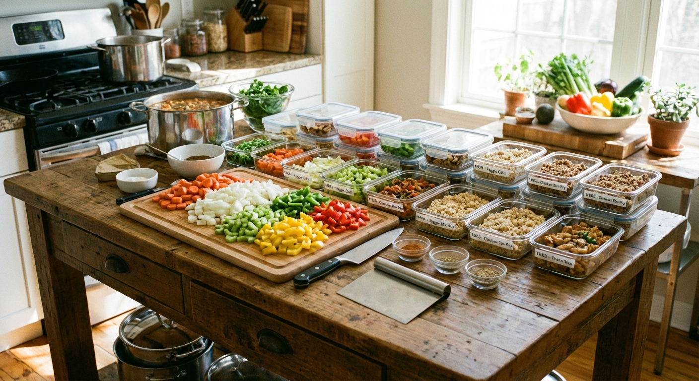 A kitchen counter with a written meal plan, a categorised grocery list, and neatly organised raw ingredients laid out before a batch cooking session