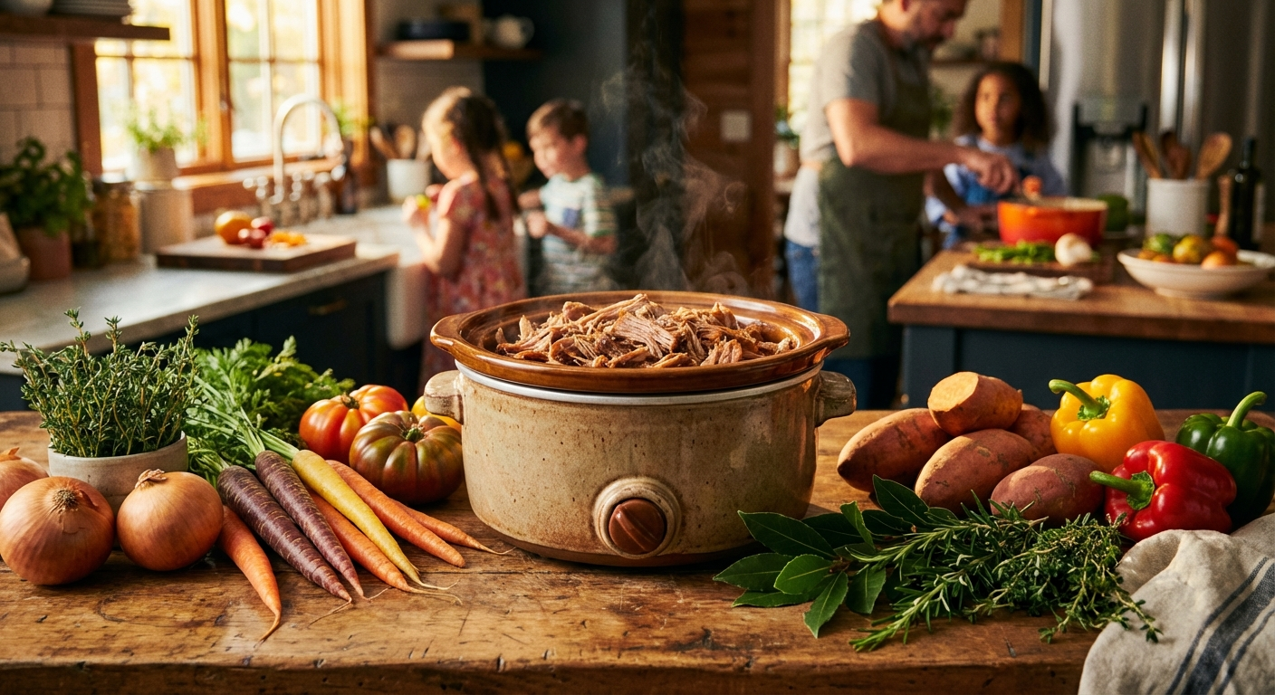 Slow cooker with hearty family meal surrounded by fresh vegetables on kitchen counter
