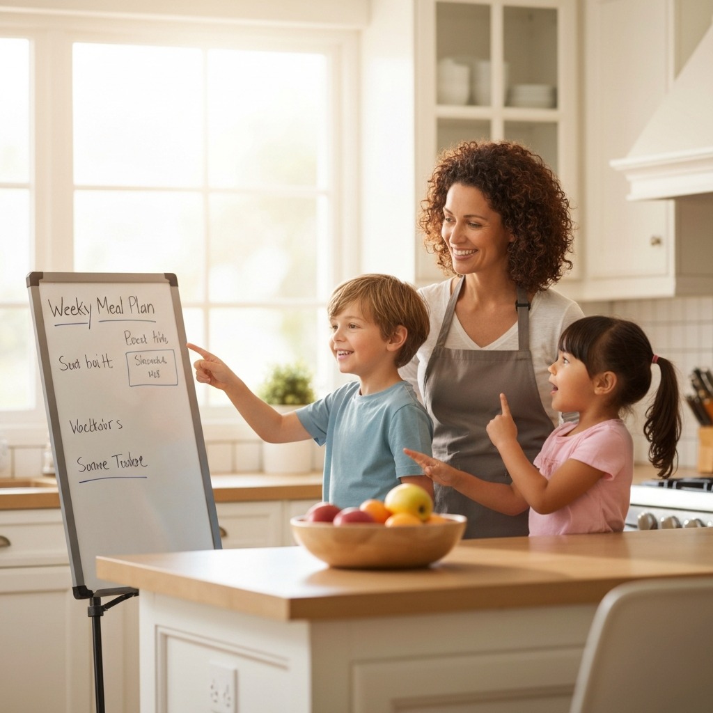A happy family in the kitchen, with kids actively involved in meal planning and prep.