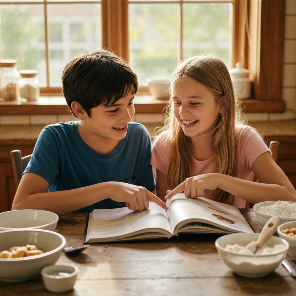 Two older children looking at a recipe book together, discussing meal ideas at the kitchen counter.
