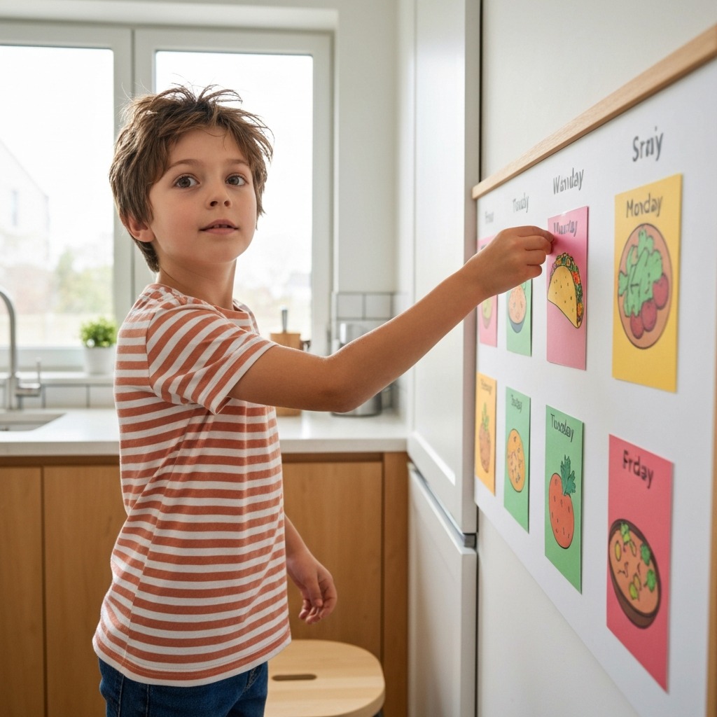 A school-age child placing meal cards on a colorful weekly meal planning board.