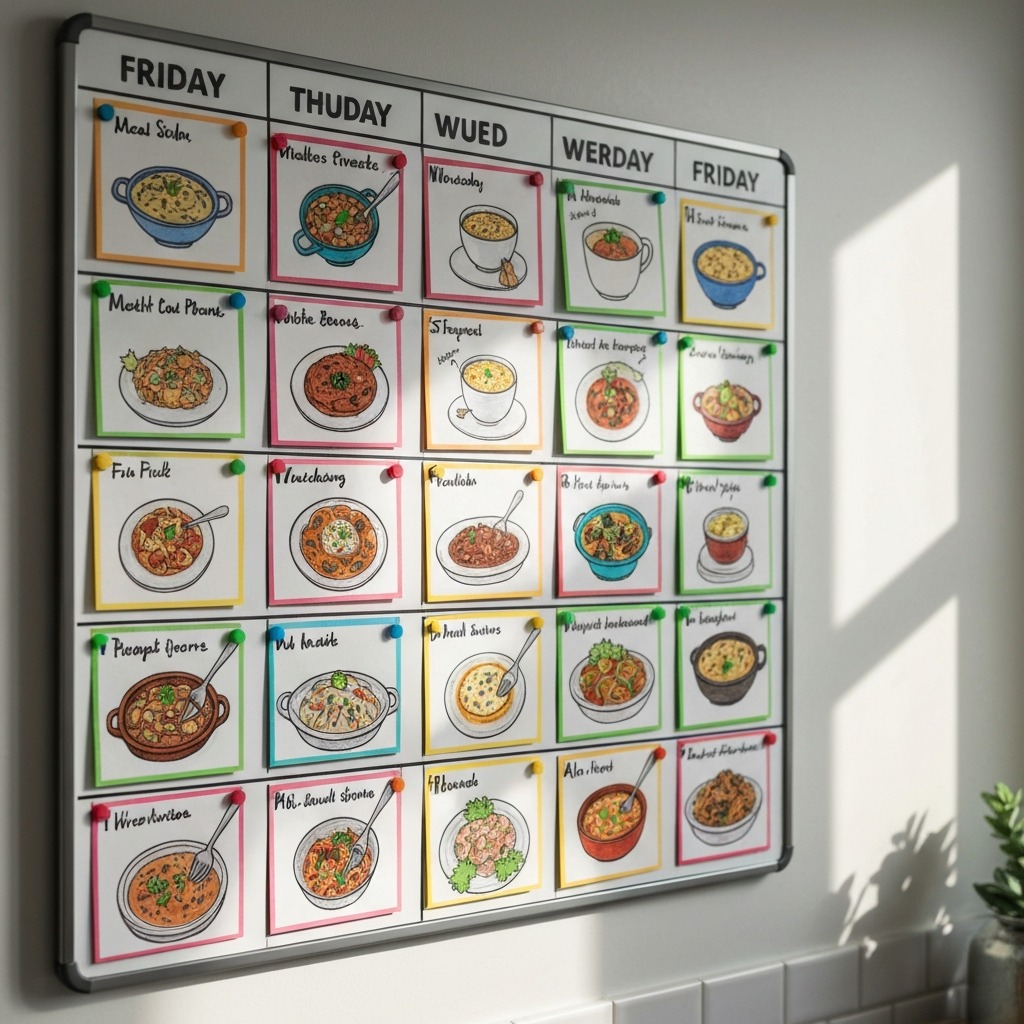 A colorful family meal planning board with meal cards and a weekly schedule on the kitchen wall.