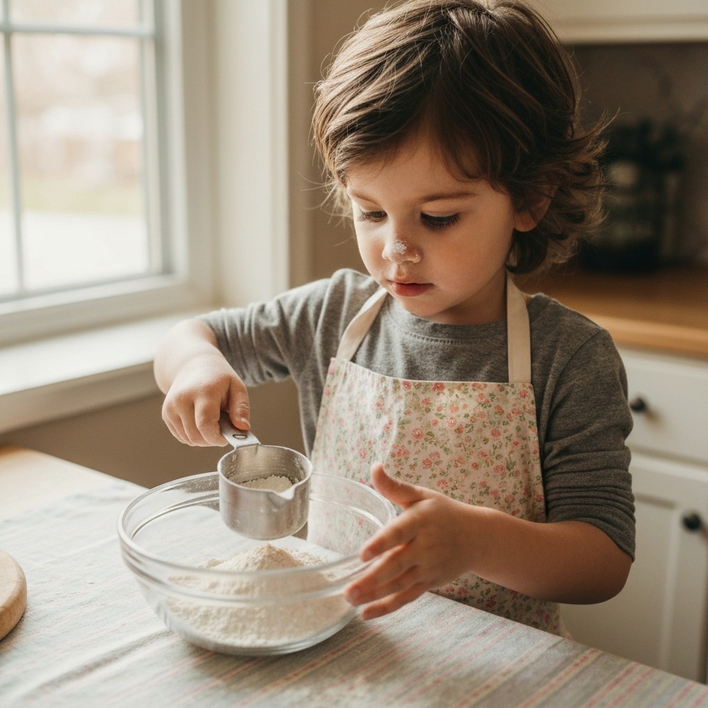 A young child measuring ingredients and pouring them into a mixing bowl.