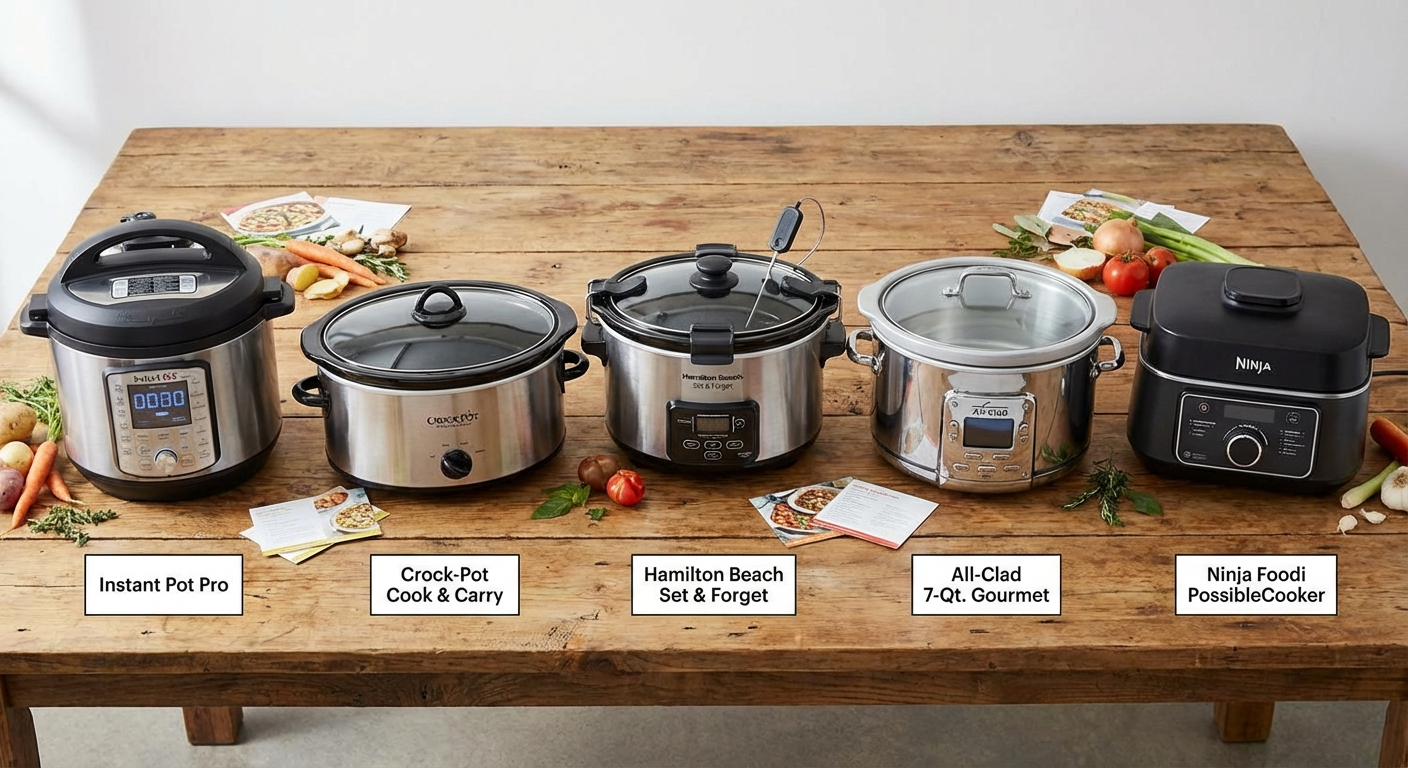Five top-rated slow cookers for families lined up by size, from 4-quart to 8-quart