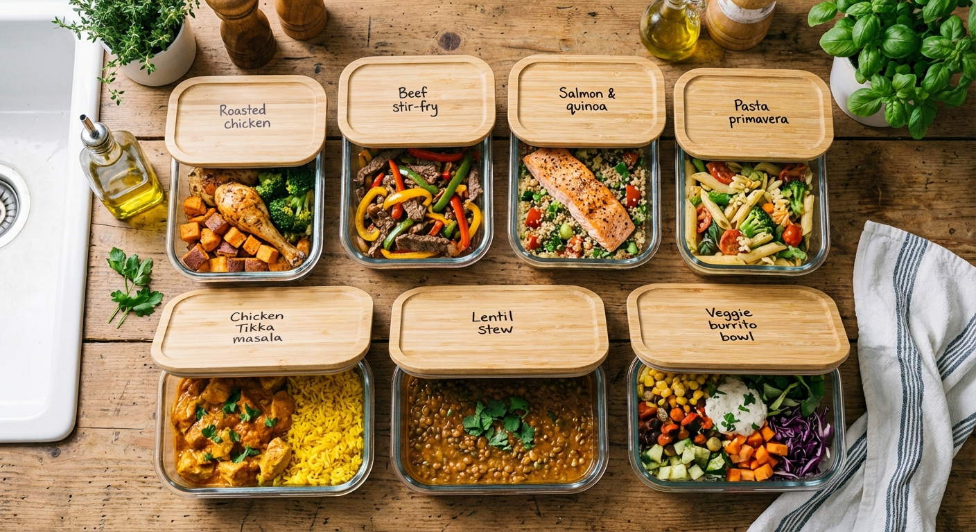 Infographic of a 30-minute timer divided into four colour-coded segments for the meal planning steps