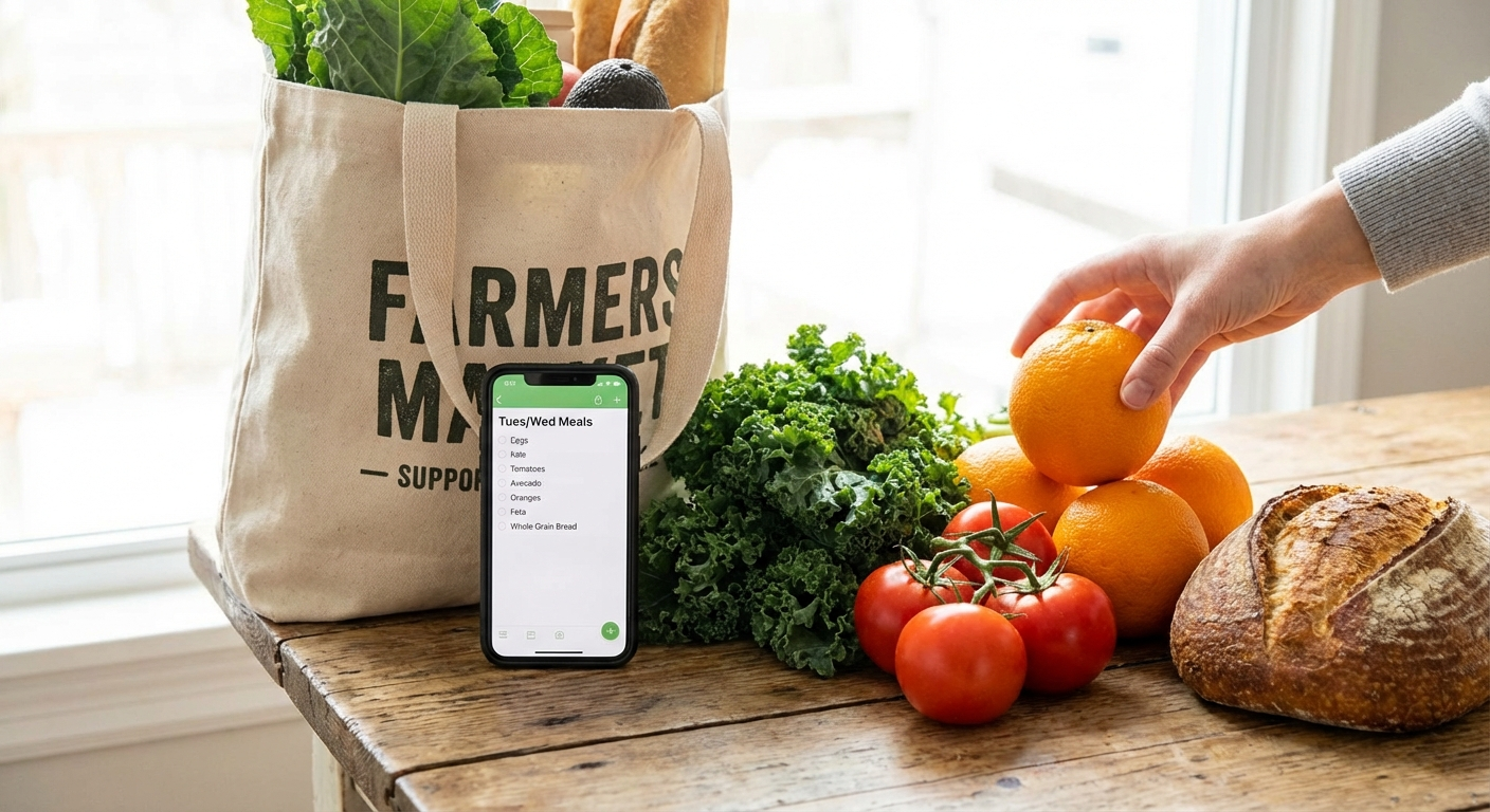 Person opening a well-organised refrigerator while checking items on a small notepad