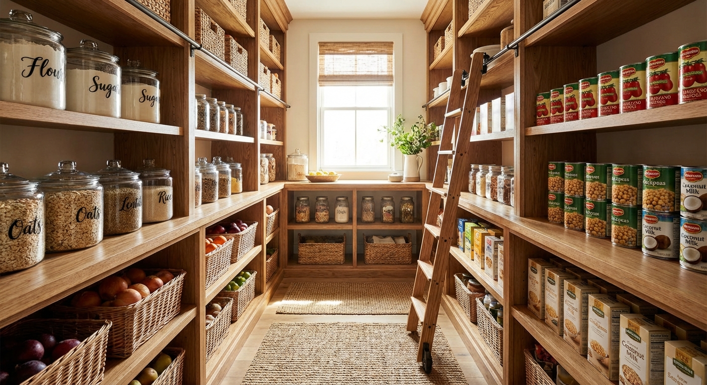 Split illustration — stressed person surrounded by cookbooks on left versus calm person with a simple meal plan on right