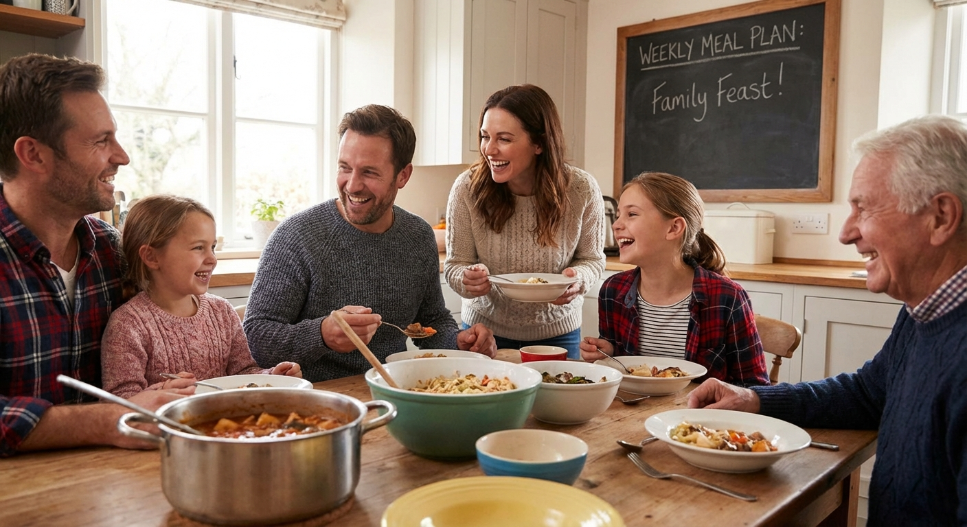 Beautifully designed weekly meal plan layout showing 7 days with colourful food in each slot