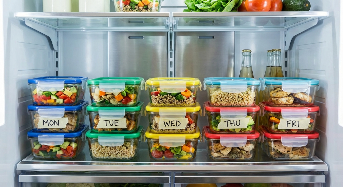 Colourful meal prep containers stacked in fridge ready for the week