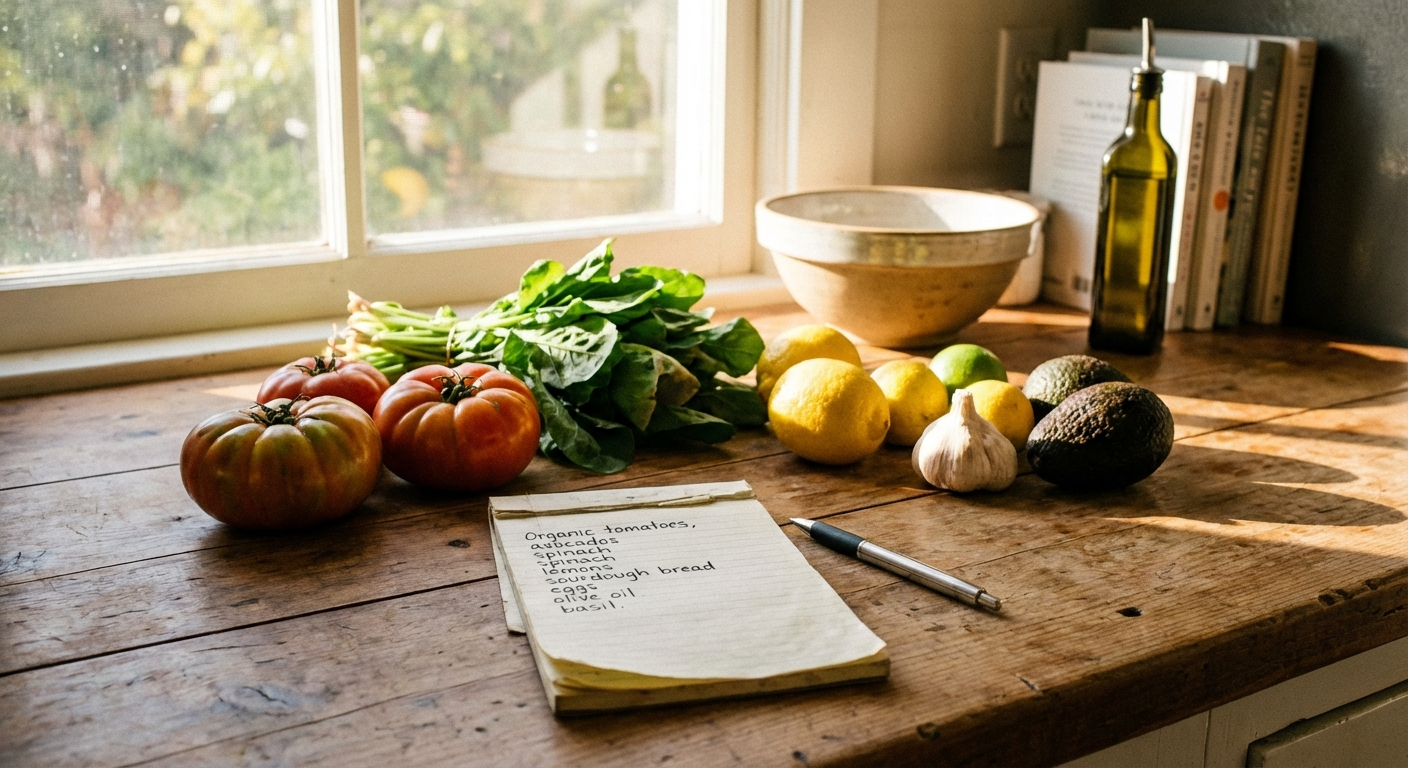 Handwritten shopping list with produce and pantry staples