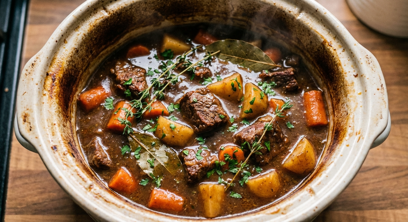 Rich slow cooker beef and vegetable stew with carrots, potatoes, and thick gravy
