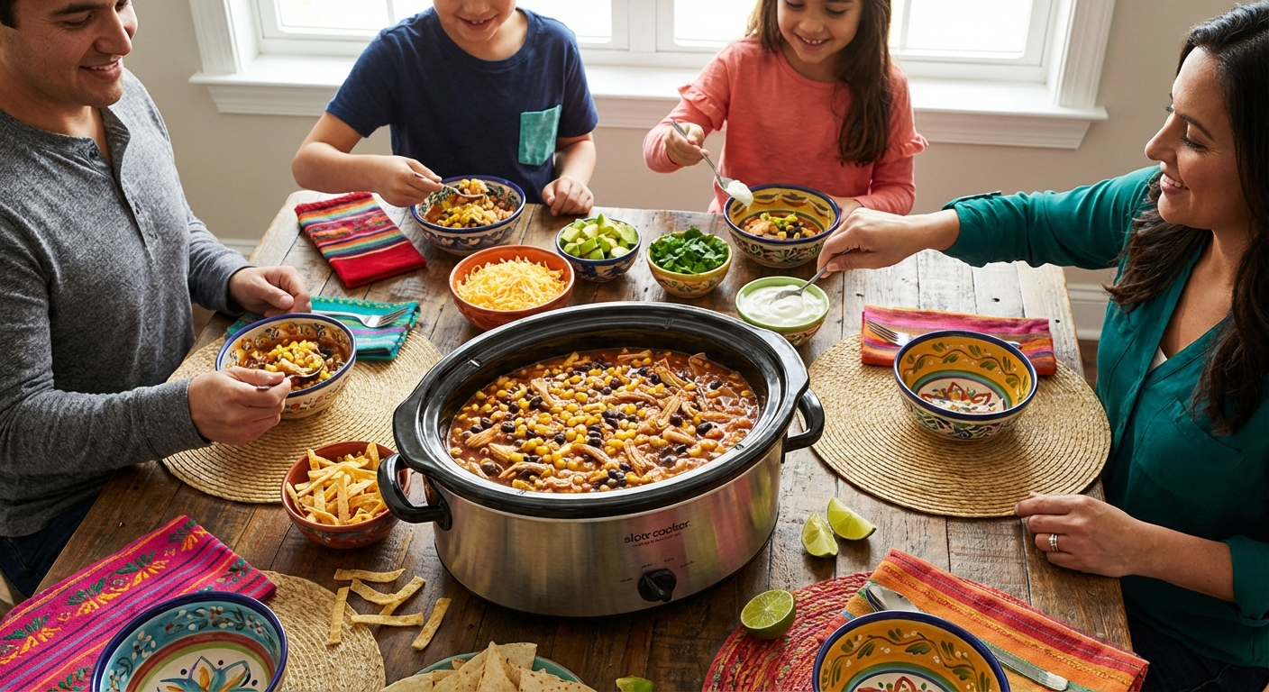 A bowl of chicken taco soup topped with sour cream, shredded cheese, and tortilla strips