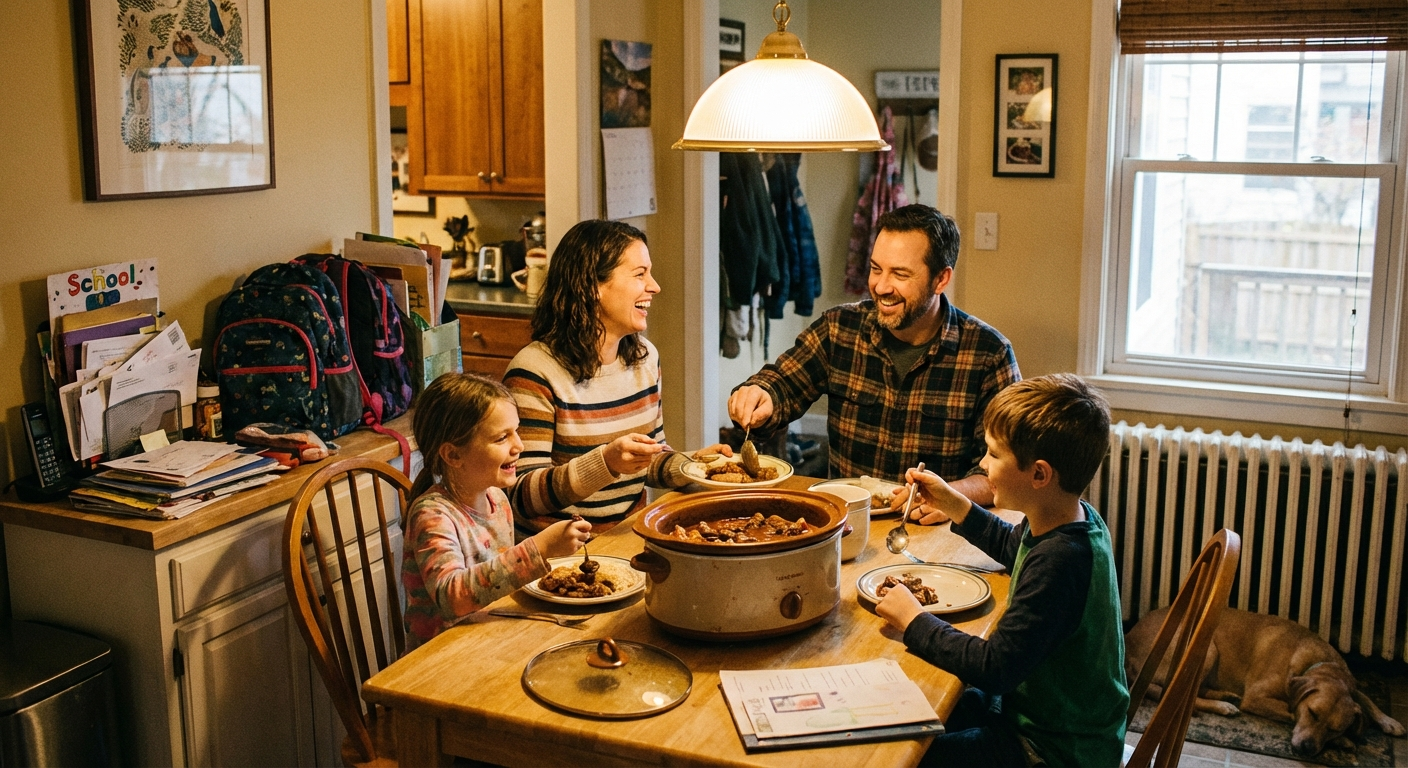 A family gathered around the dinner table enjoying a slow cooker meal together