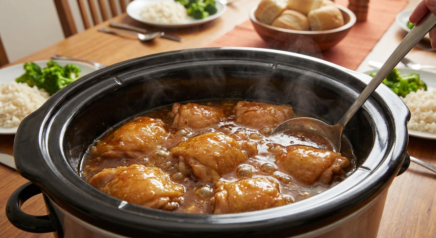 Glazed honey garlic chicken thighs from the slow cooker, served over steamed rice with broccoli