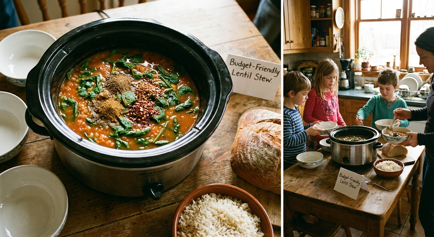 Hearty red lentil and vegetable soup in a slow cooker with a ladle, garnished with fresh parsley