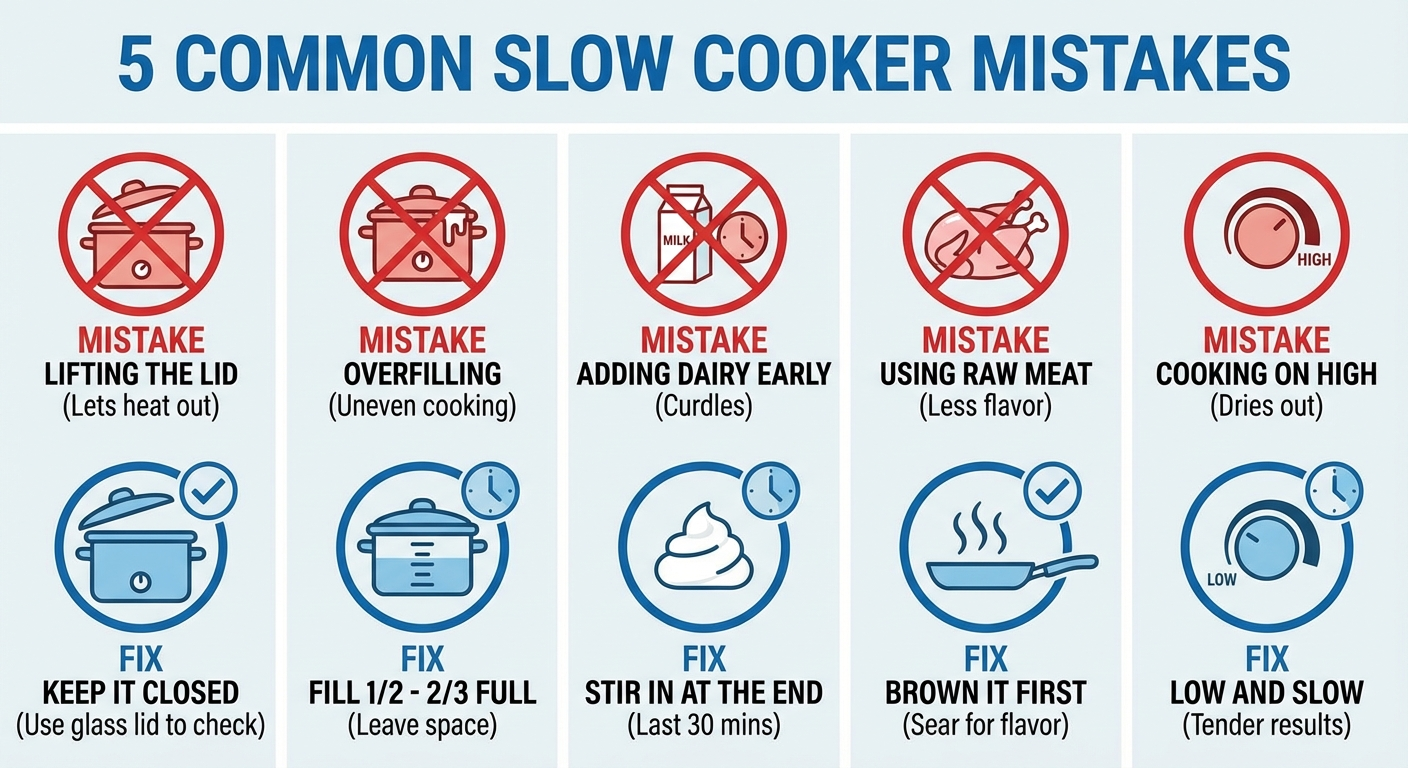 Infographic showing common slow cooker mistakes and how to fix them, including lid-lifting and overfilling