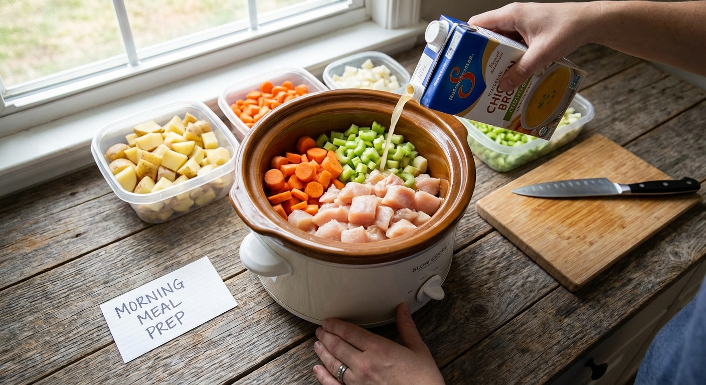 Fresh ingredients including vegetables, chicken thighs, and spices laid out for slow cooker meal prep