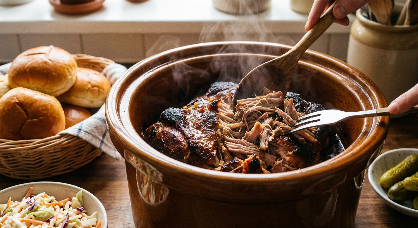 Tender slow cooker pulled pork on brioche slider buns with coleslaw